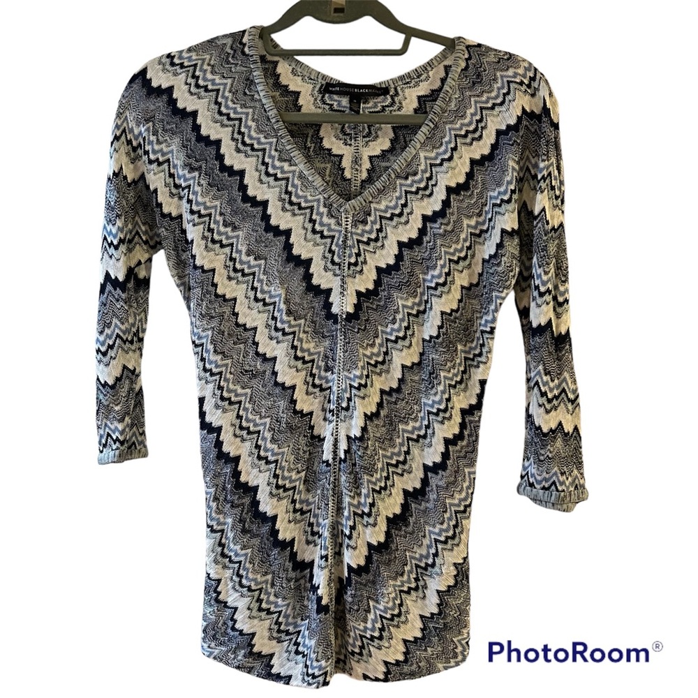 White House Black Market Navy Blue White Chevron Pattern Sweater Womens SZ S